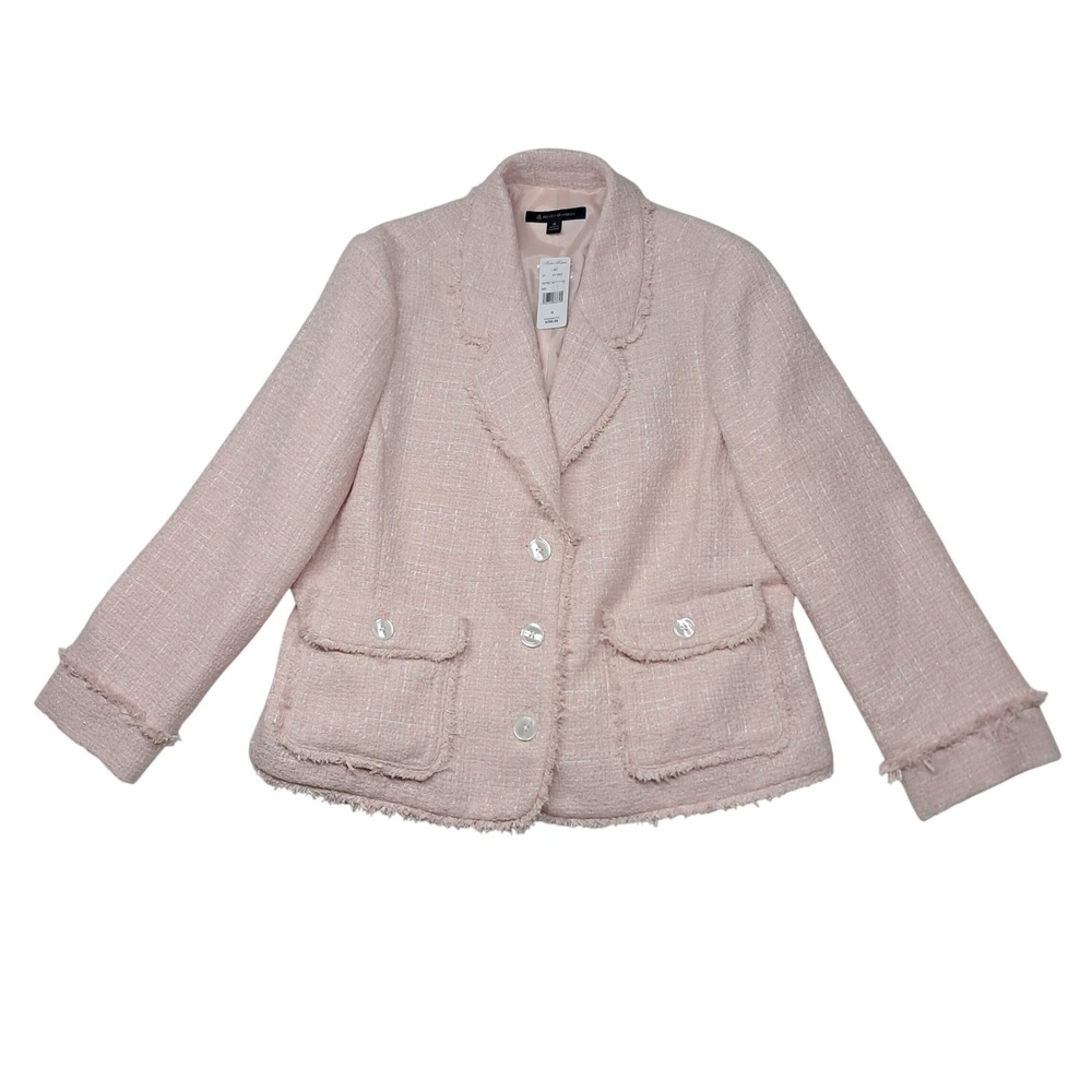 NWT Brooks Brothers Blazer Womens 16 Pink Tweed Fringed Trim Metallic Shimmer